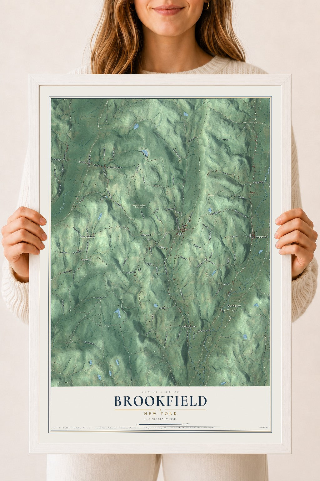 Brookfield, New York map print, 18" x 24" W/ White Ayous Wood Frame mockup
