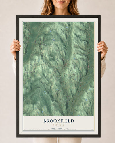Brookfield, New York map print, 24" x 36" W/ Black Ayous Wood Frame mockup