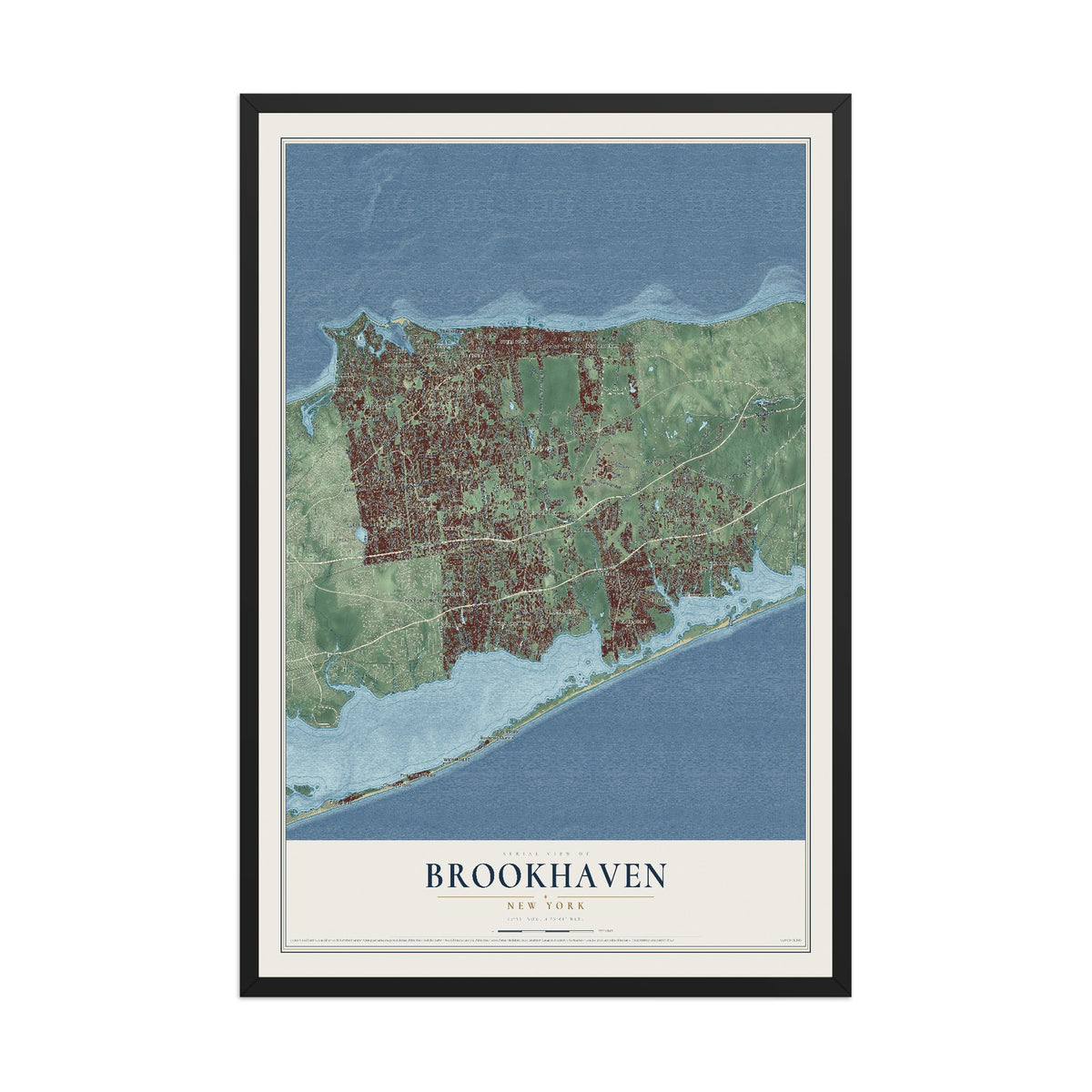 Brookhaven, New York map print, 12" x 18" W/ Black Ayous Wood Frame mockup