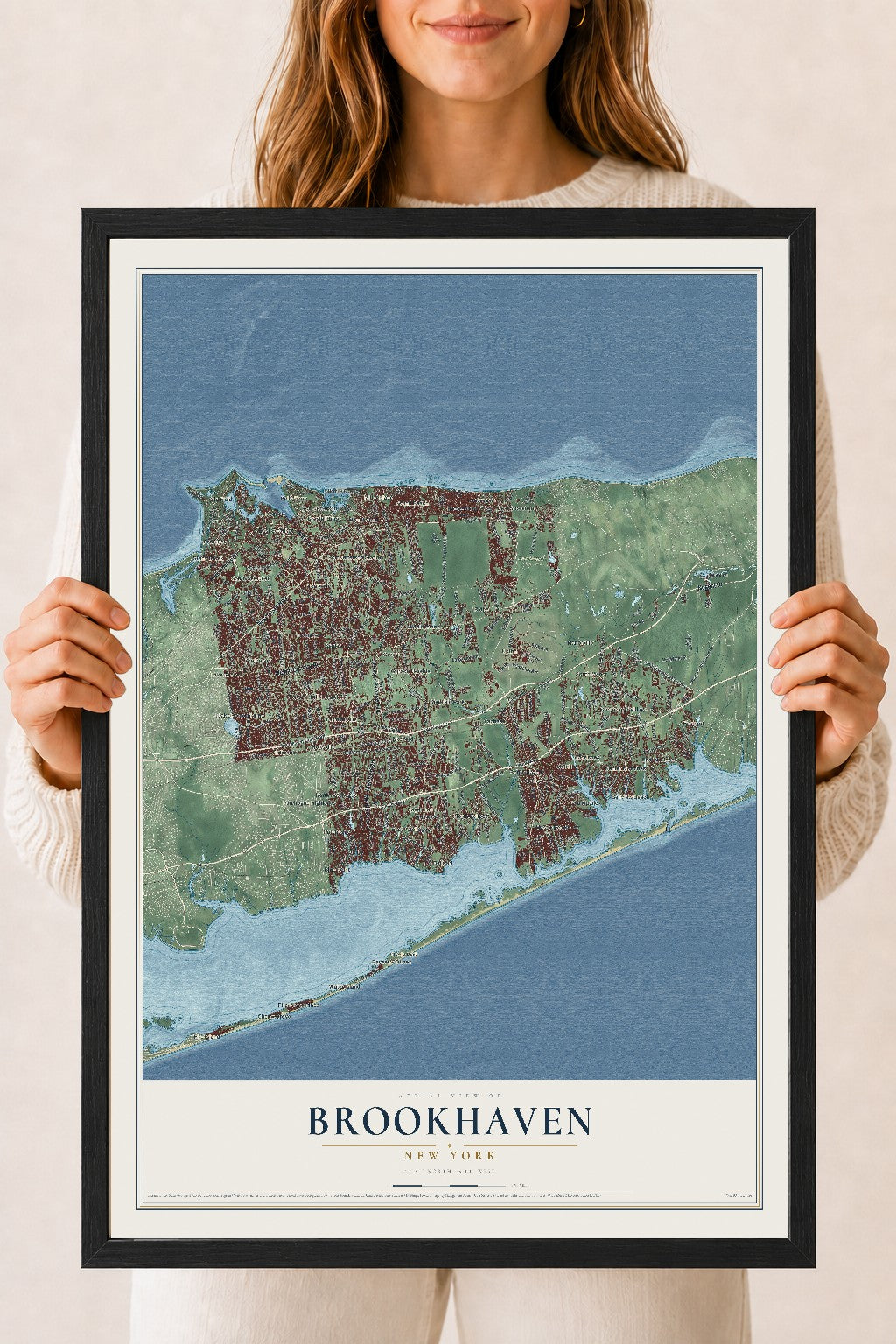 Brookhaven, New York map print, 18" x 24" W/ Black Ayous Wood Frame mockup