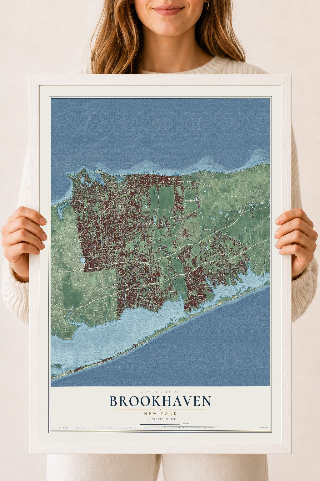 Brookhaven, New York map print, 18" x 24" W/ White Ayous Wood Frame mockup