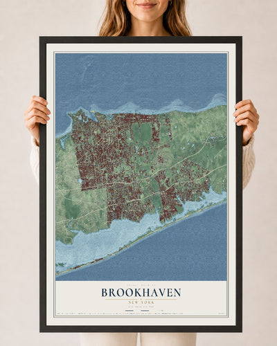 Brookhaven, New York map print, 24" x 36" W/ Black Ayous Wood Frame mockup