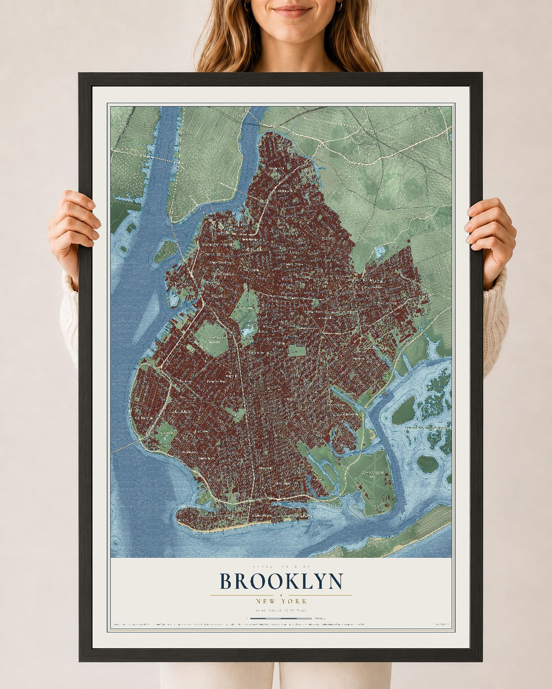 Brooklyn, New York map print, 24" x 36" W/ Black Ayous Wood Frame mockup
