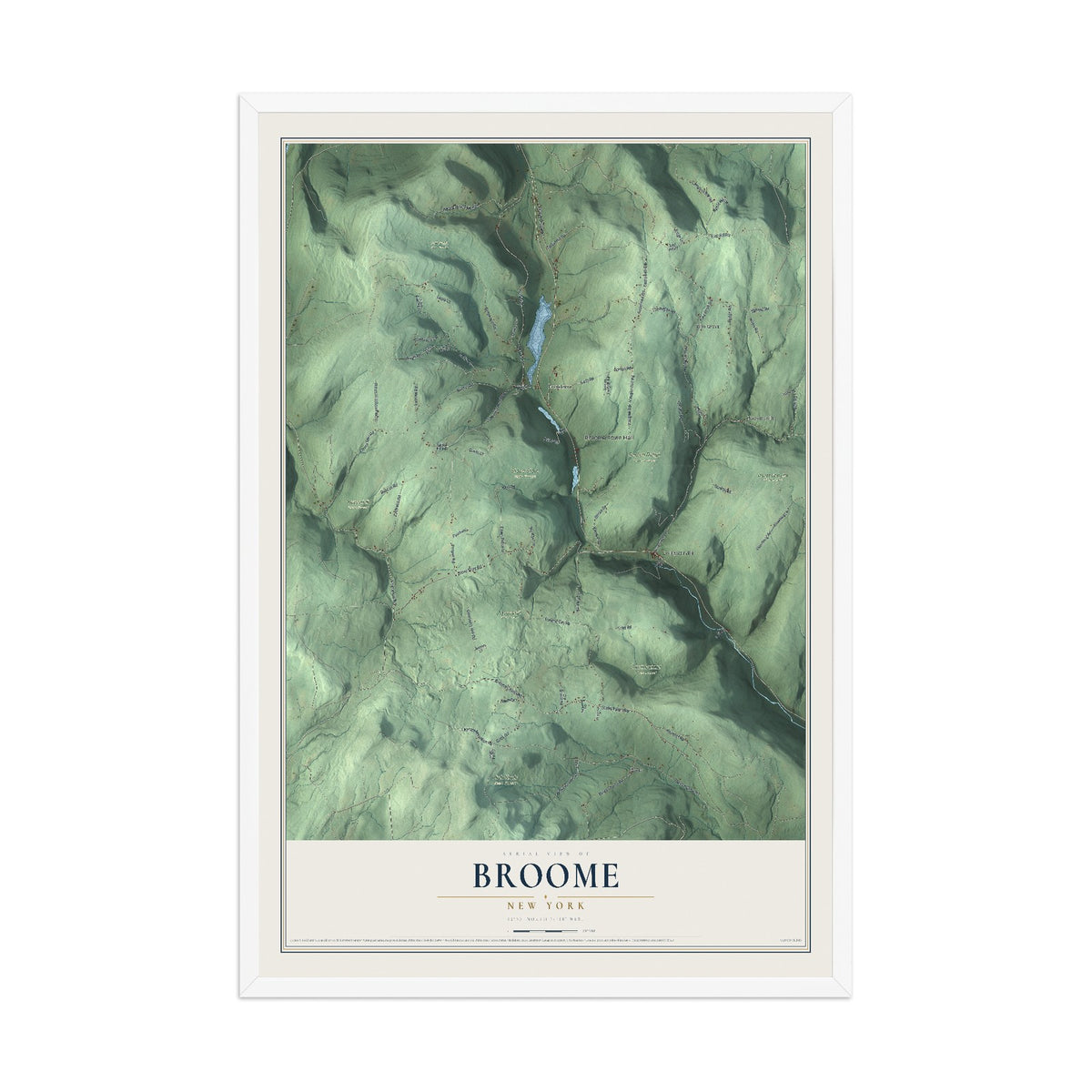 Broome, New York map print, 12" x 18" W/ White Ayous Wood Frame mockup