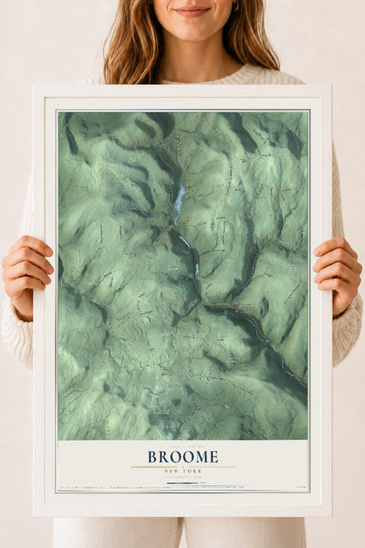 Broome, New York map print, 18" x 24" W/ White Ayous Wood Frame mockup