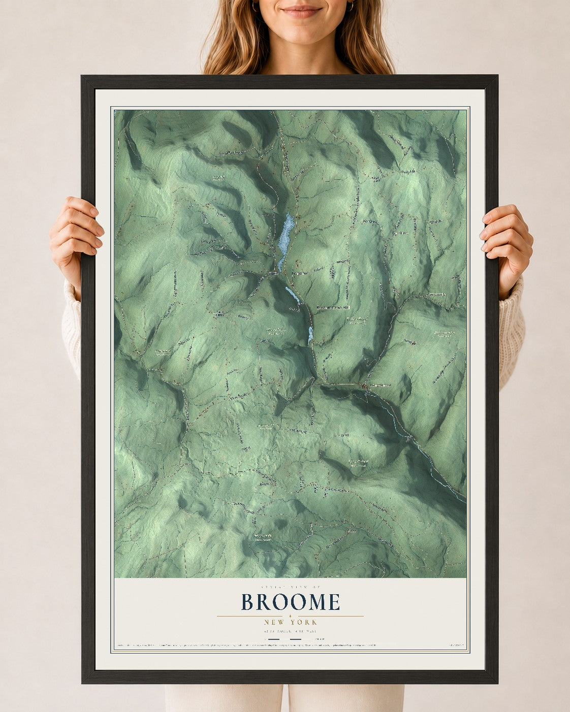 Broome, New York map print, 24" x 36" W/ Black Ayous Wood Frame mockup