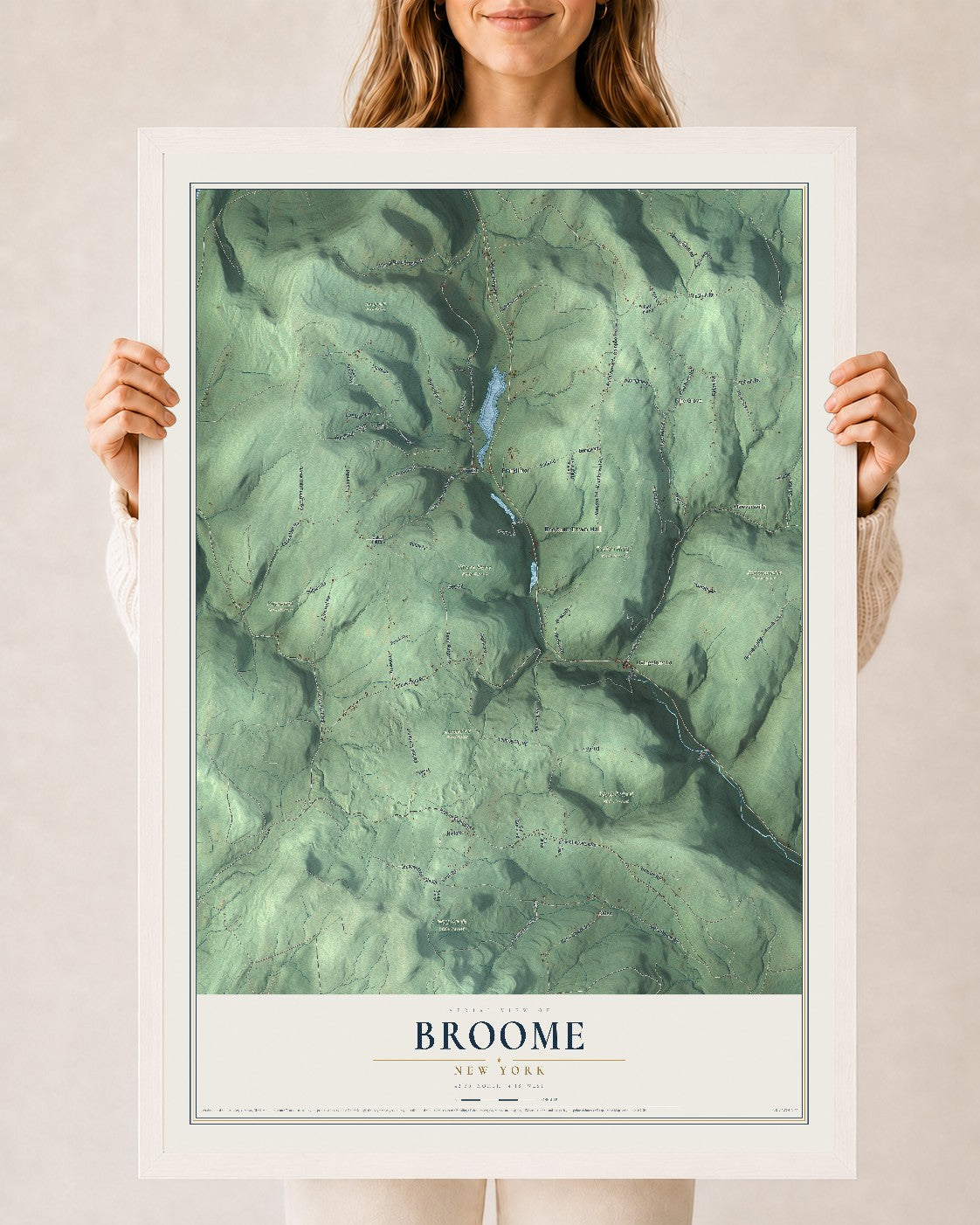 Broome, New York map print, 24" x 36" W/ White Ayous Wood Frame mockup