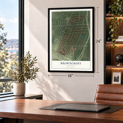 Browncroft, New York map, 18 x 24 inch print in a black frame in a home office
