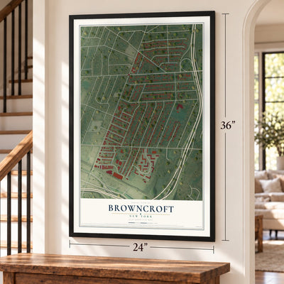 Browncroft, New York map, 24 x 36 inch print in a black frame by a staircase