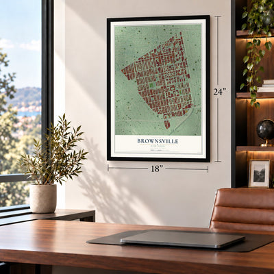 Brownsville, New York map, 18 x 24 inch print in a black frame in a home office
