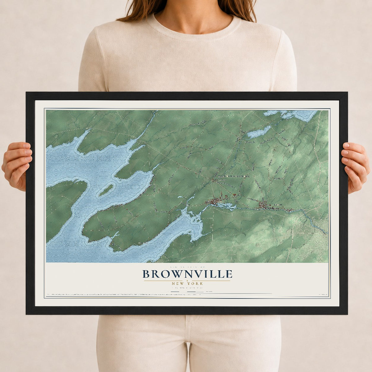 Brownville, New York map print, 12" x 18" W/ Black Ayous Wood Frame mockup