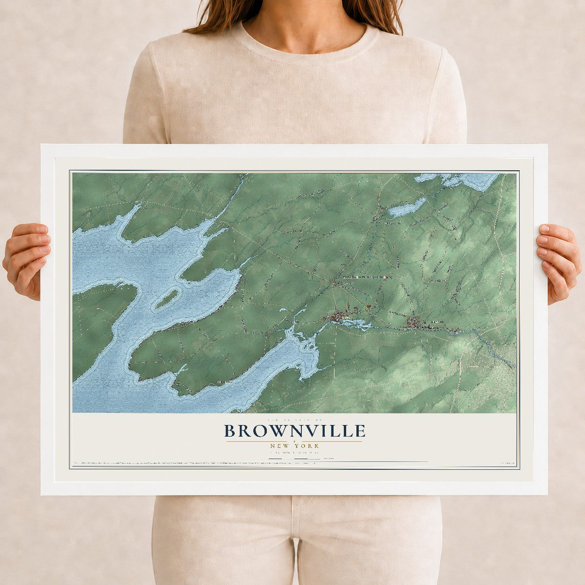Brownville, New York map print, 12" x 18" W/ White Ayous Wood Frame mockup