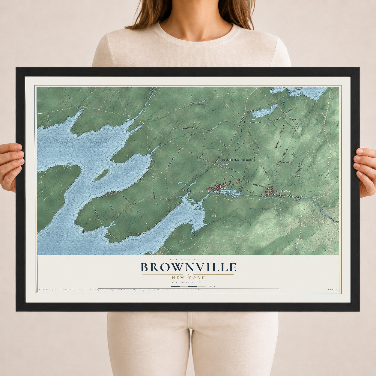 Brownville, New York map print, 18" x 24" W/ Black Ayous Wood Frame mockup