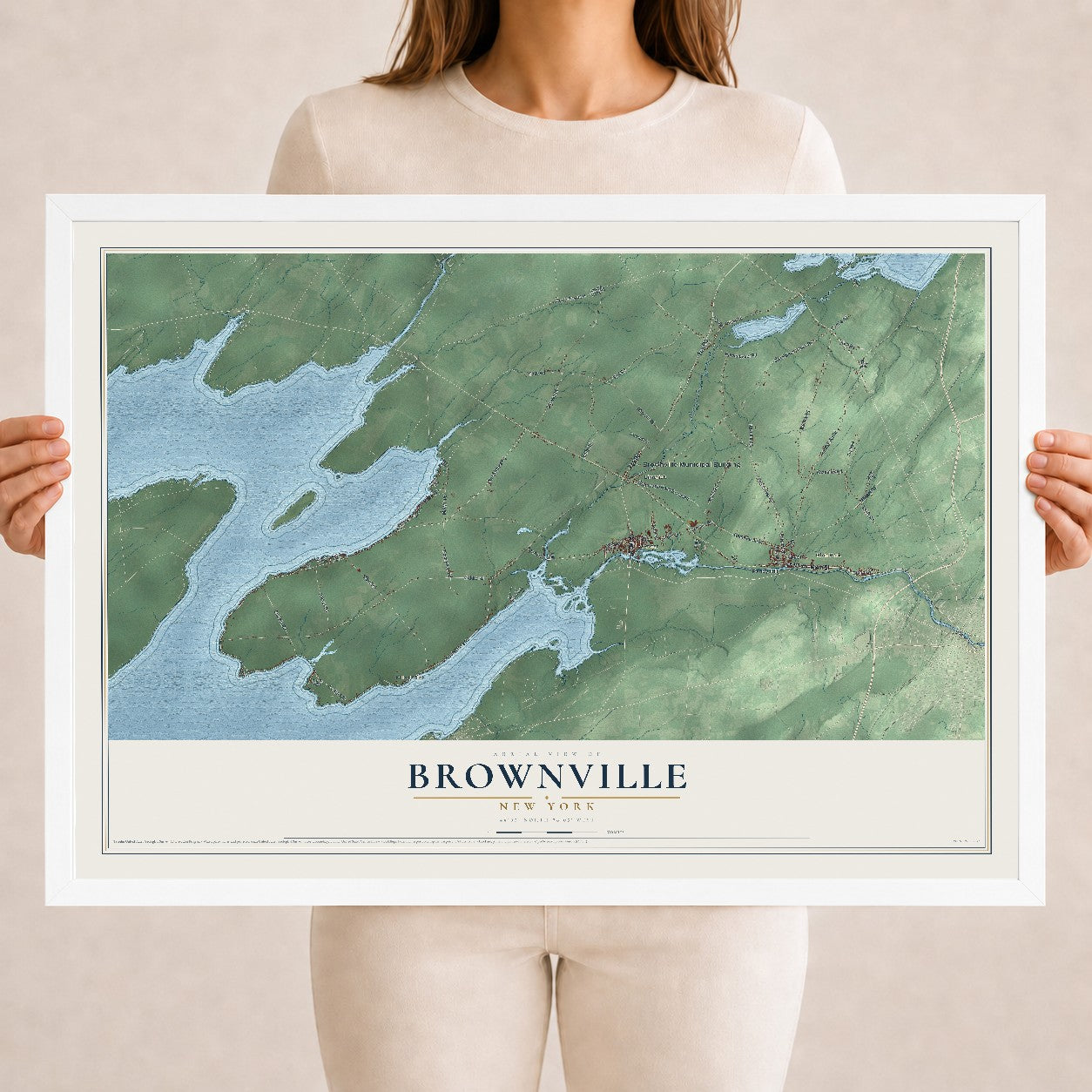 Brownville, New York map print, 18" x 24" W/ White Ayous Wood Frame mockup