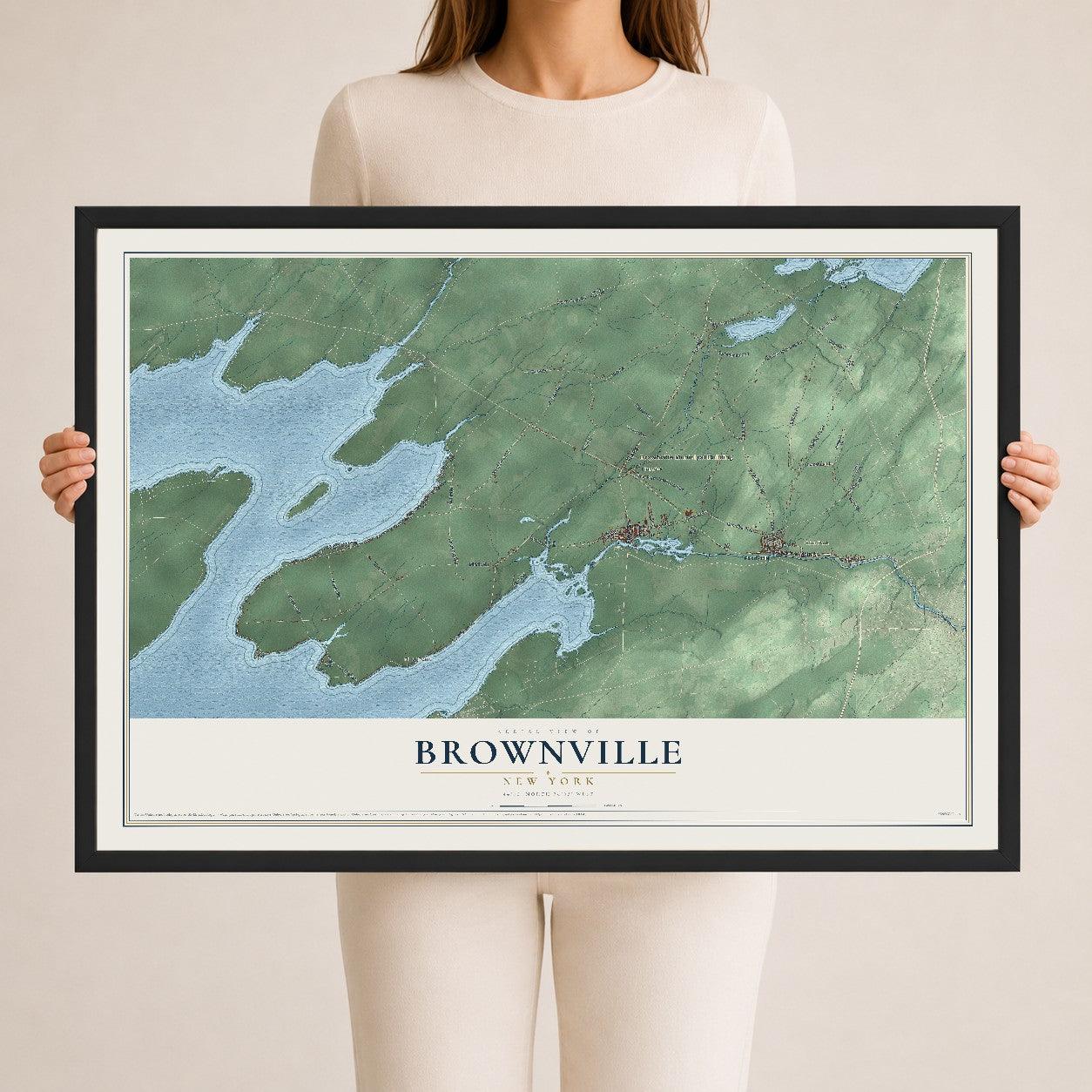 Brownville, New York map print, 24" x 36" W/ Black Ayous Wood Frame mockup