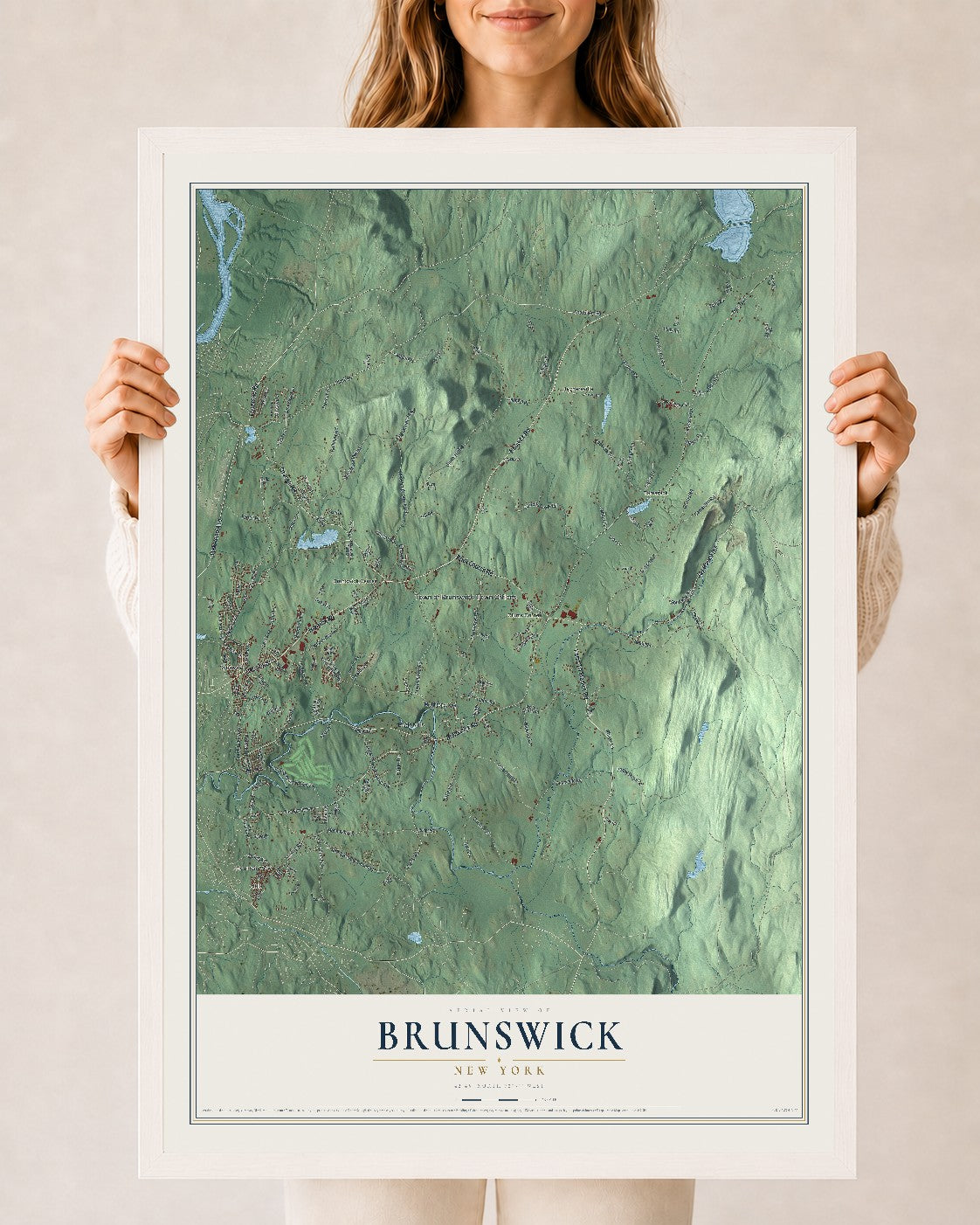 Brunswick, New York map print, 24" x 36" W/ White Ayous Wood Frame mockup