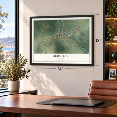 Brushton, New York map, 18 x 24 inch print in a black frame in a home office