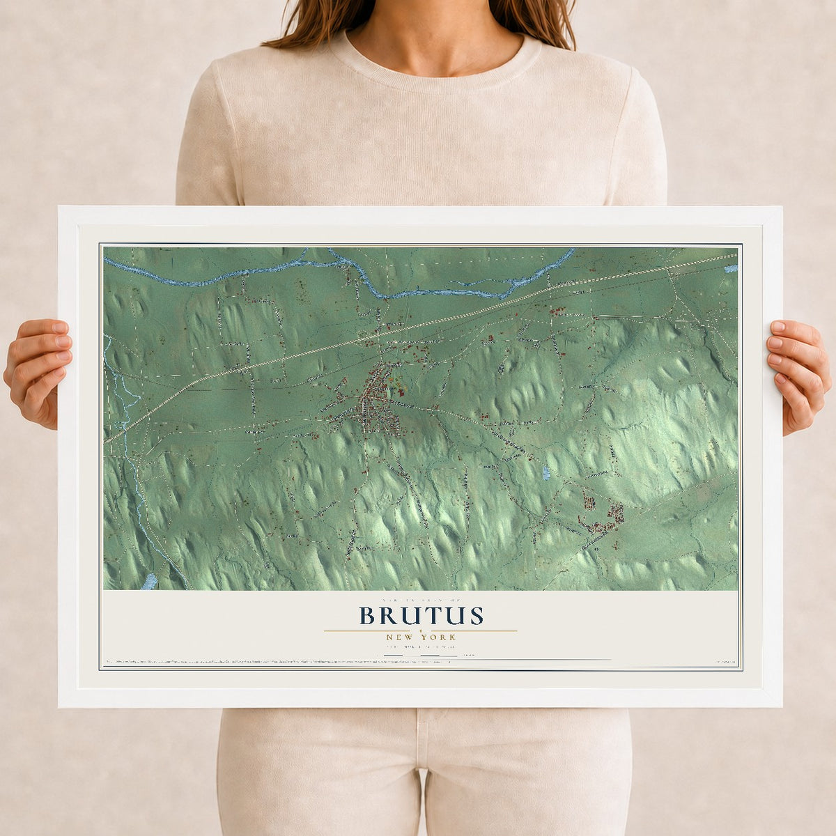 Brutus, New York map print, 12" x 18" W/ White Ayous Wood Frame mockup