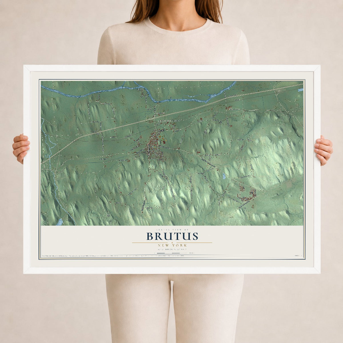 Brutus, New York map print, 24" x 36" W/ White Ayous Wood Frame mockup