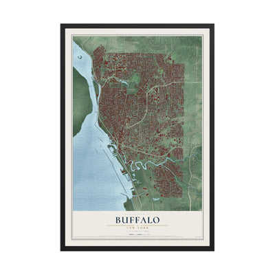 Buffalo, New York map print, 12" x 18" W/ Black Ayous Wood Frame mockup