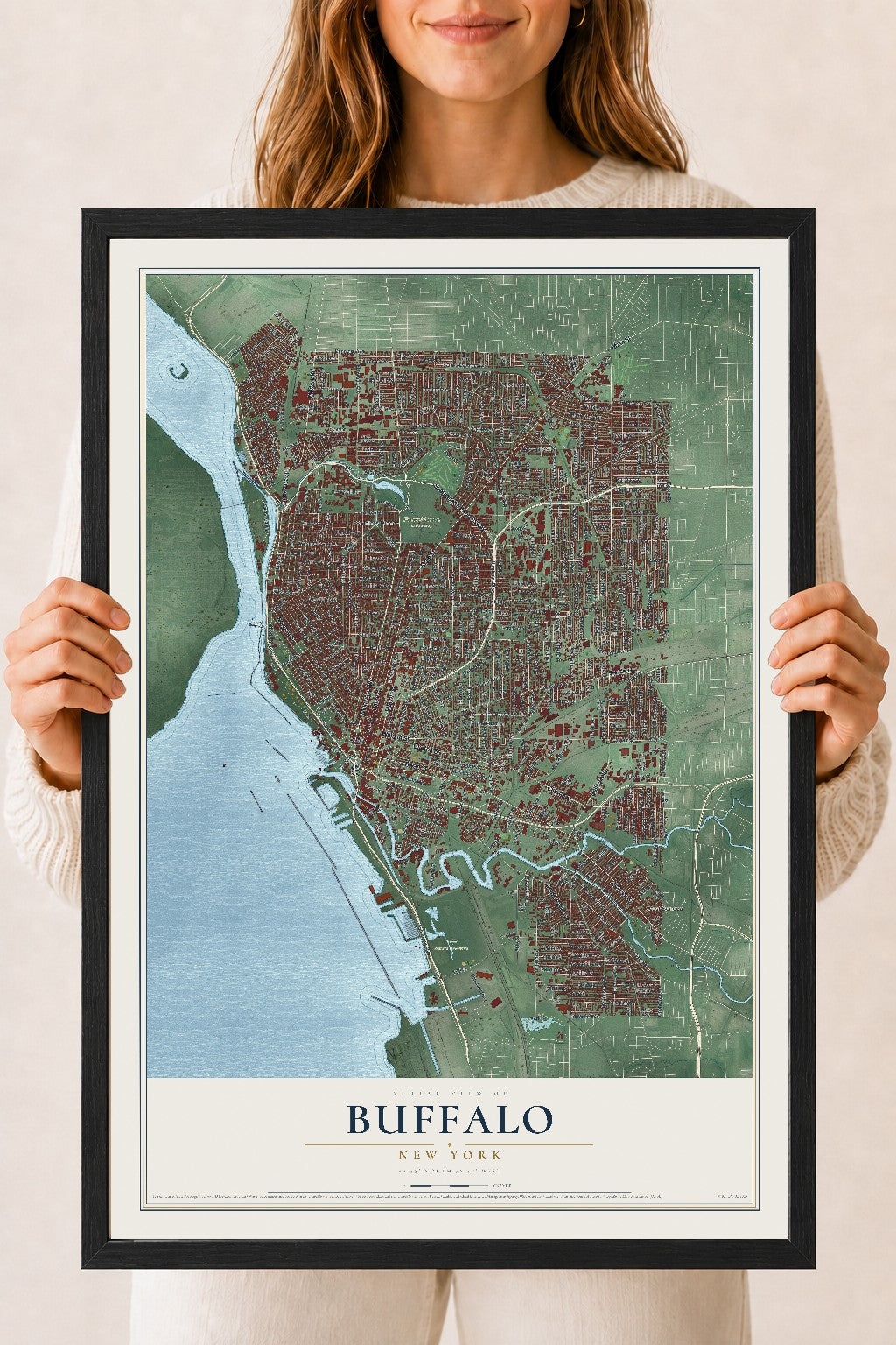 Buffalo, New York map print, 18" x 24" W/ Black Ayous Wood Frame mockup
