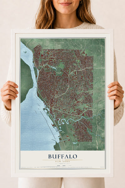 Buffalo, New York map print, 18" x 24" W/ White Ayous Wood Frame mockup