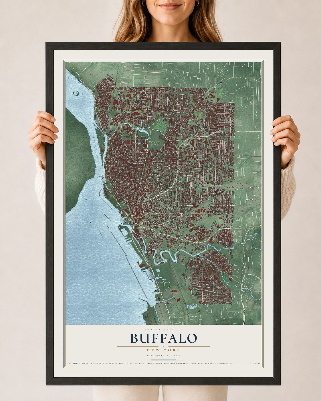 Buffalo, New York map print, 24" x 36" W/ Black Ayous Wood Frame mockup
