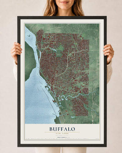 Buffalo, New York map print, 24" x 36" W/ Black Ayous Wood Frame mockup