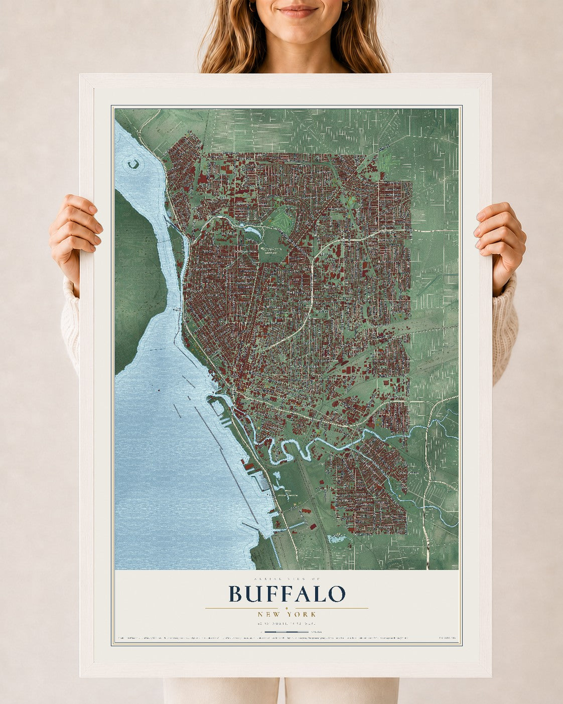 Buffalo, New York map print, 24" x 36" W/ White Ayous Wood Frame mockup