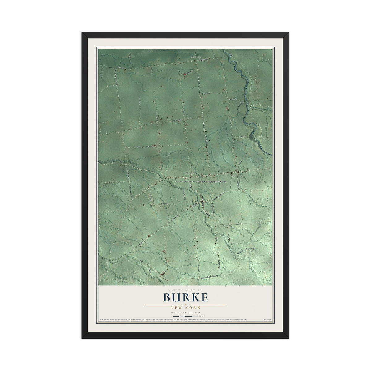 Burke, New York map print, 12" x 18" W/ Black Ayous Wood Frame mockup