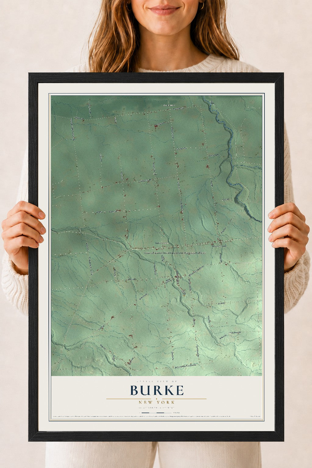 Burke, New York map print, 18" x 24" W/ Black Ayous Wood Frame mockup