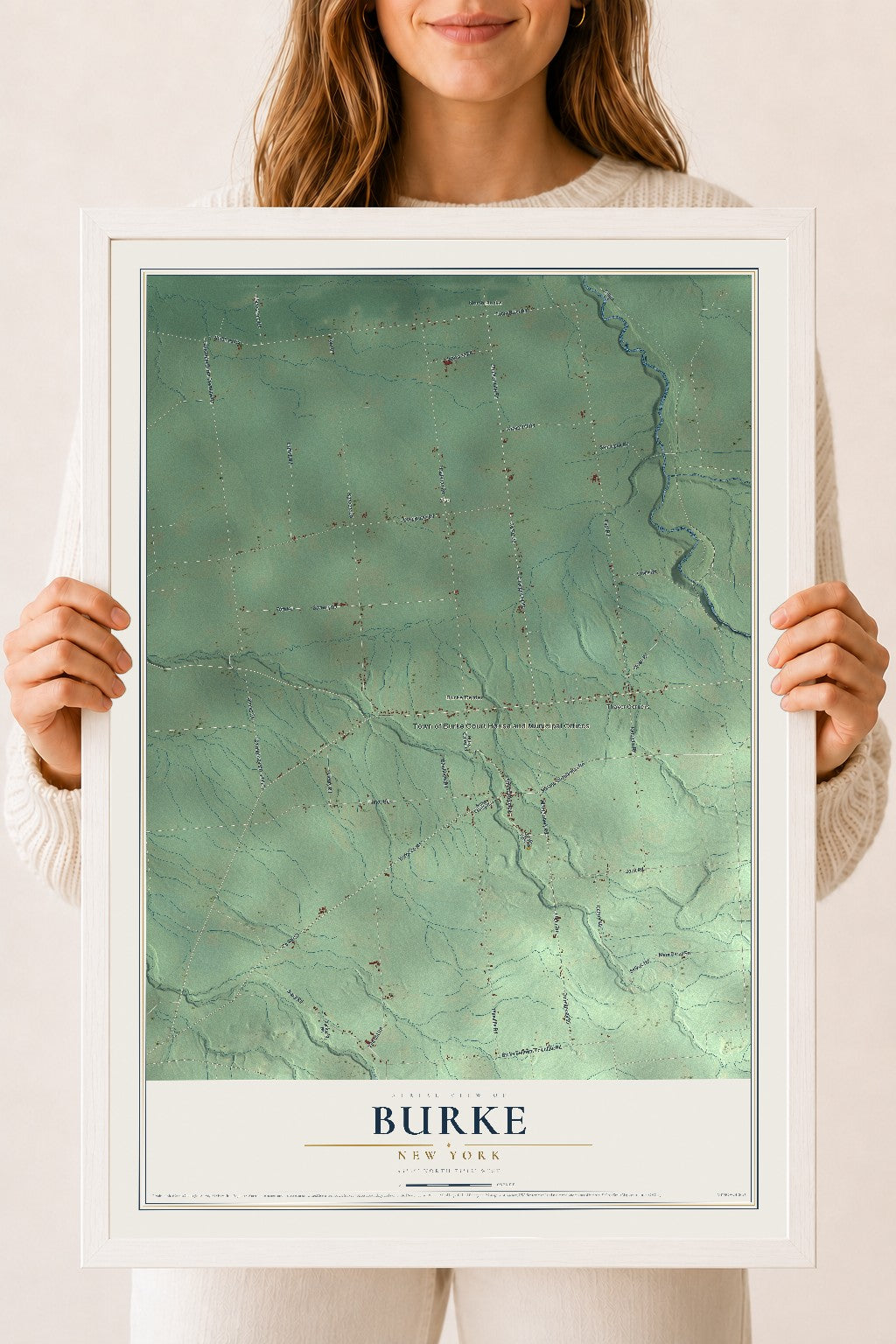 Burke, New York map print, 18" x 24" W/ White Ayous Wood Frame mockup