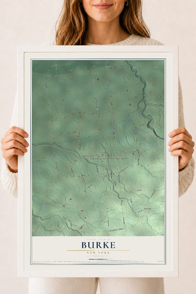 Burke, New York map print, 18" x 24" W/ White Ayous Wood Frame mockup