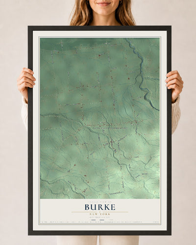 Burke, New York map print, 24" x 36" W/ Black Ayous Wood Frame mockup