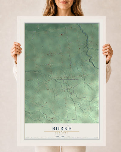 Burke, New York map print, 24" x 36" W/ White Ayous Wood Frame mockup