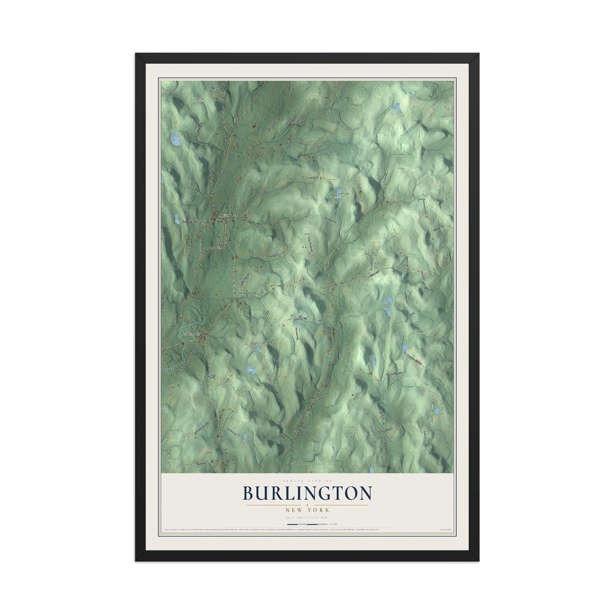 Burlington, New York map print, 12" x 18" W/ Black Ayous Wood Frame mockup