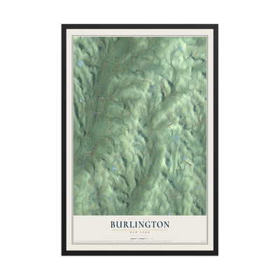Burlington, New York map print, 12" x 18" W/ Black Ayous Wood Frame mockup