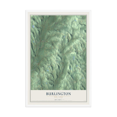 Burlington, New York map print, 12" x 18" W/ White Ayous Wood Frame mockup