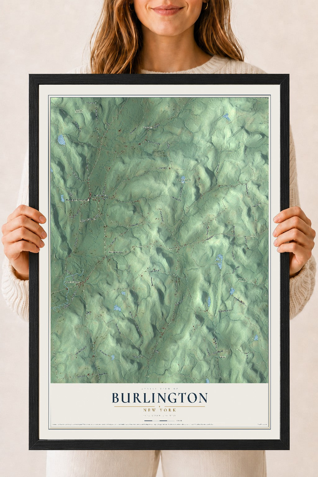 Burlington, New York map print, 18" x 24" W/ Black Ayous Wood Frame mockup