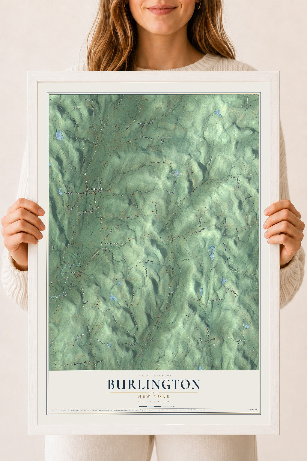 Burlington, New York map print, 18" x 24" W/ White Ayous Wood Frame mockup