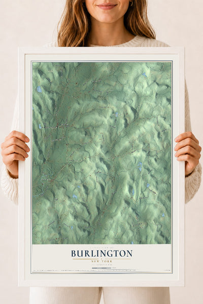 Burlington, New York map print, 18" x 24" W/ White Ayous Wood Frame mockup