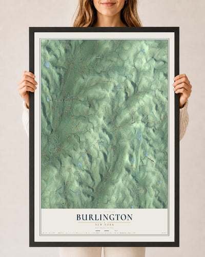 Burlington, New York map print, 24" x 36" W/ Black Ayous Wood Frame mockup