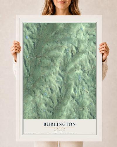 Burlington, New York map print, 24" x 36" W/ White Ayous Wood Frame mockup