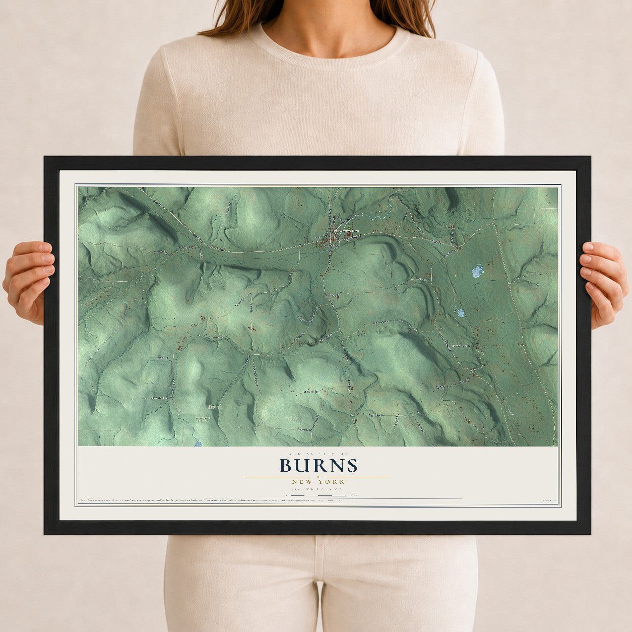 Burns, New York map print, 12" x 18" W/ Black Ayous Wood Frame mockup