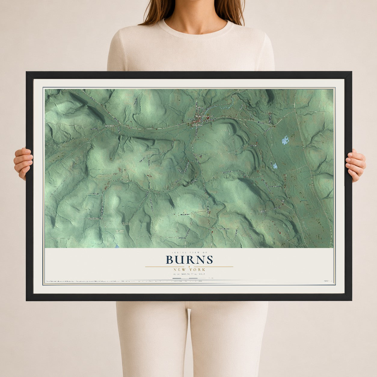 Burns, New York map print, 24" x 36" W/ Black Ayous Wood Frame mockup