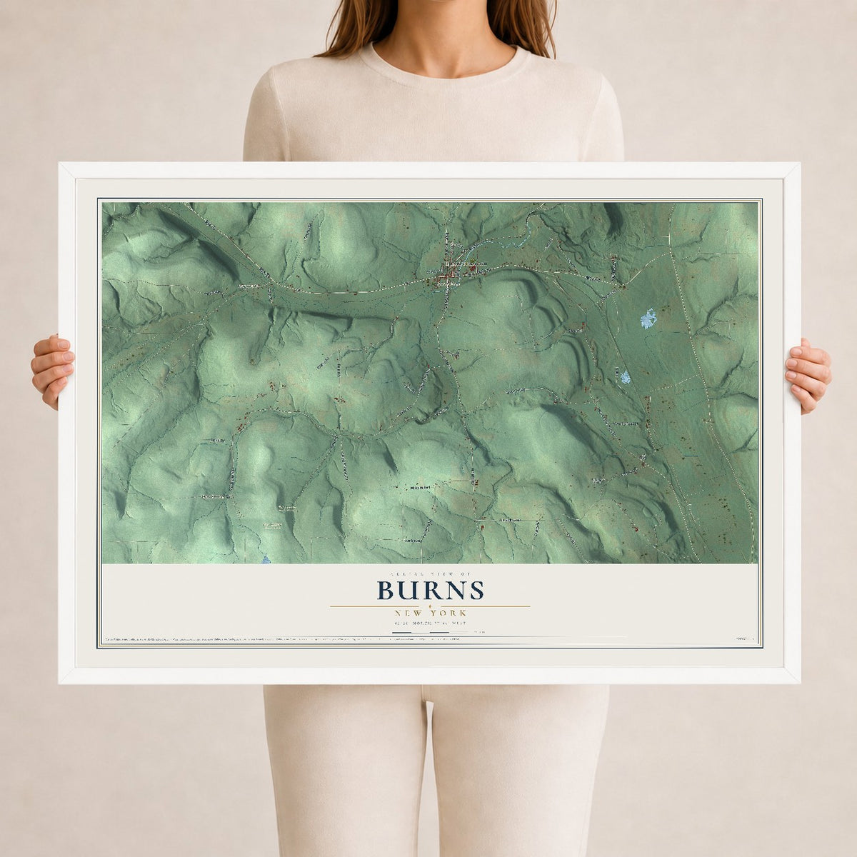 Burns, New York map print, 24" x 36" W/ White Ayous Wood Frame mockup