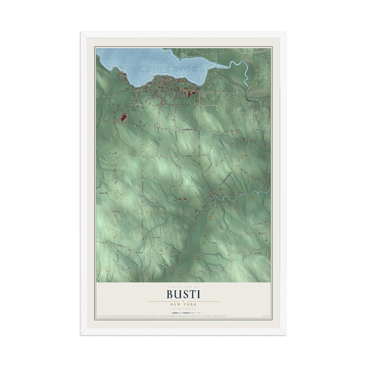 Busti, New York map print, 12" x 18" W/ White Ayous Wood Frame mockup
