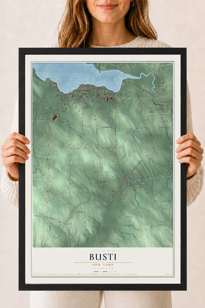 Busti, New York map print, 18" x 24" W/ Black Ayous Wood Frame mockup