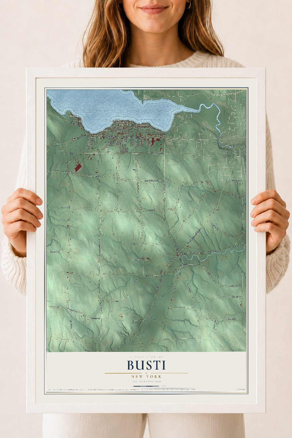 Busti, New York map print, 18" x 24" W/ White Ayous Wood Frame mockup