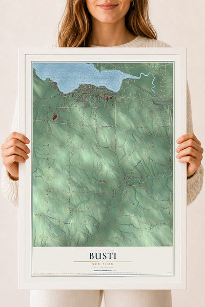 Busti, New York map print, 18" x 24" W/ White Ayous Wood Frame mockup